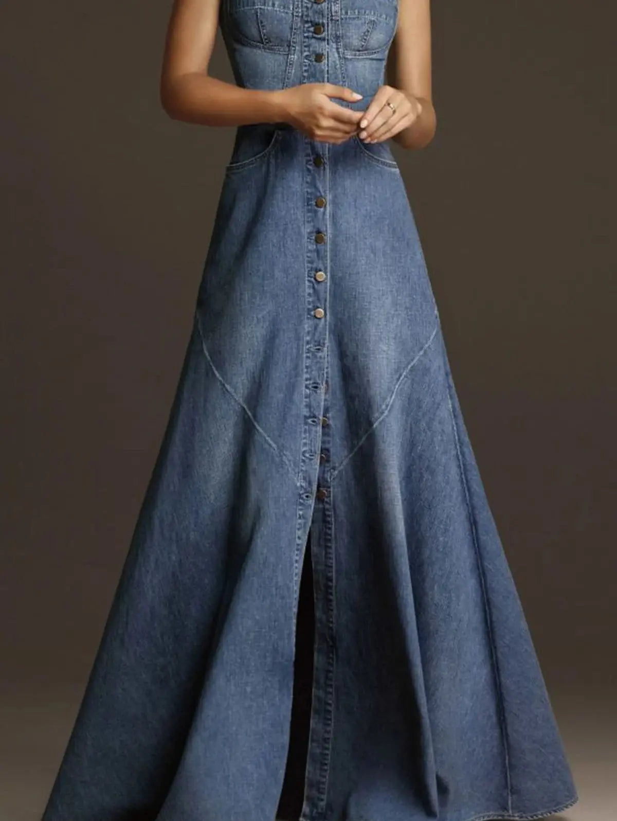 Fashion Women Denim Tank Dress Vintage Square Collar Waisted Sundress 2023 Summer Buttons Maxi Dress Holiday Solid Robes - Loja Mireva