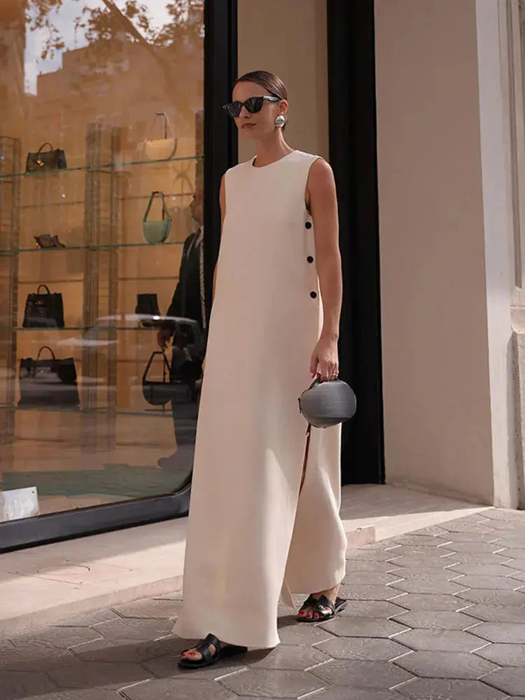 Women Sleeveless Button Split Midi Dress Elegant Round Neck Off Shoulder Vestidos Female Loose Fashion High Street Robes - Loja Mireva