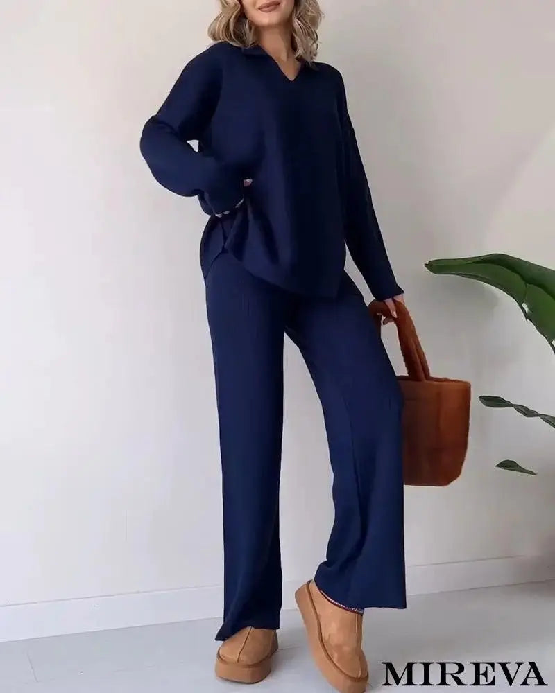 Conjunto De Duas Peças Malha Casual Com Fenda E Decote Em V