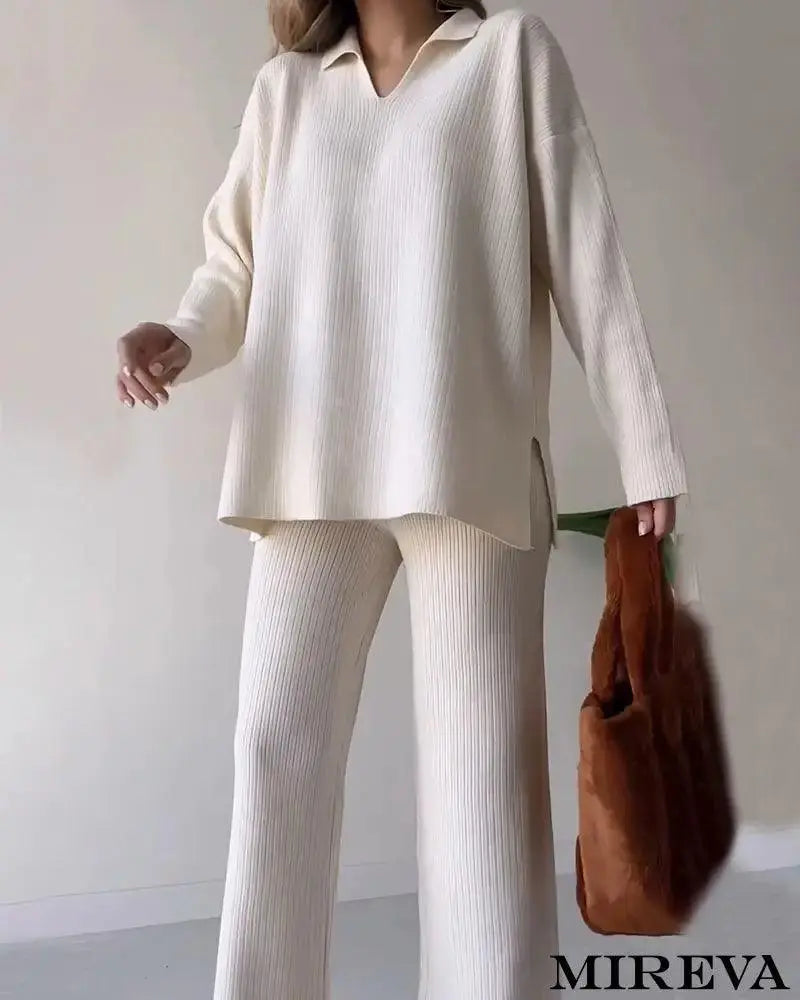 Conjunto De Duas Peças Malha Casual Com Fenda E Decote Em V