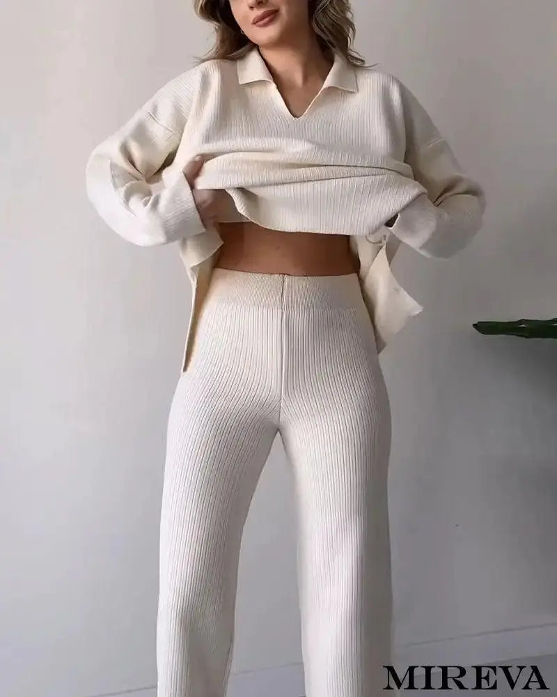 Conjunto De Duas Peças Malha Casual Com Fenda E Decote Em V