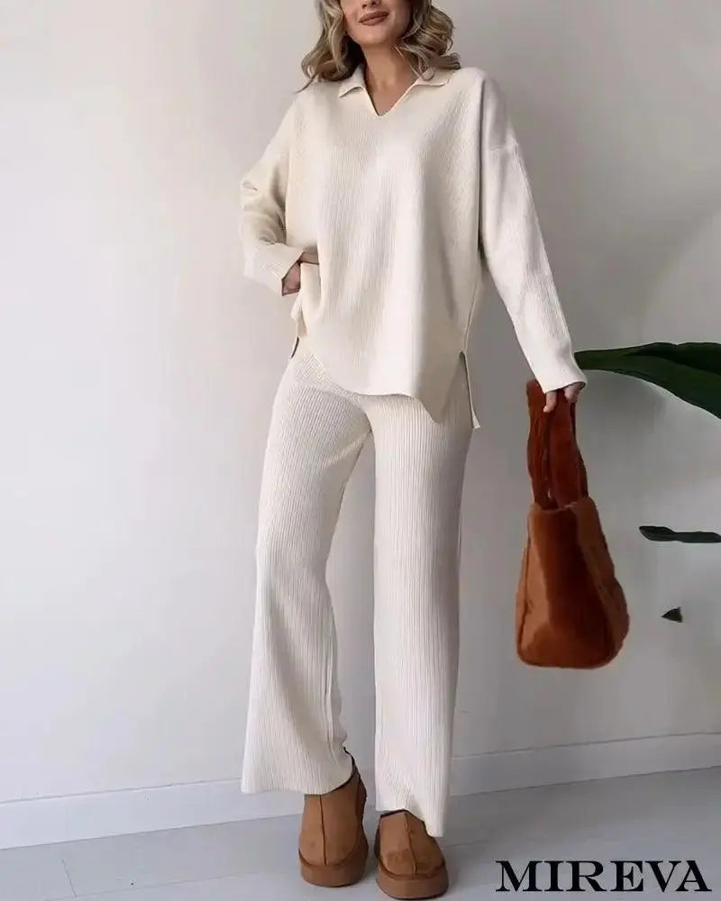 Conjunto De Duas Peças Malha Casual Com Fenda E Decote Em V