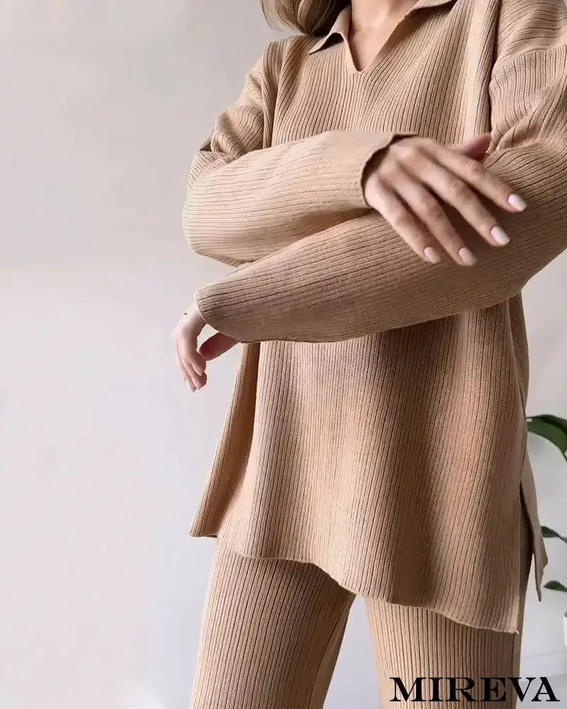 Conjunto De Duas Peças Malha Casual Com Fenda E Decote Em V