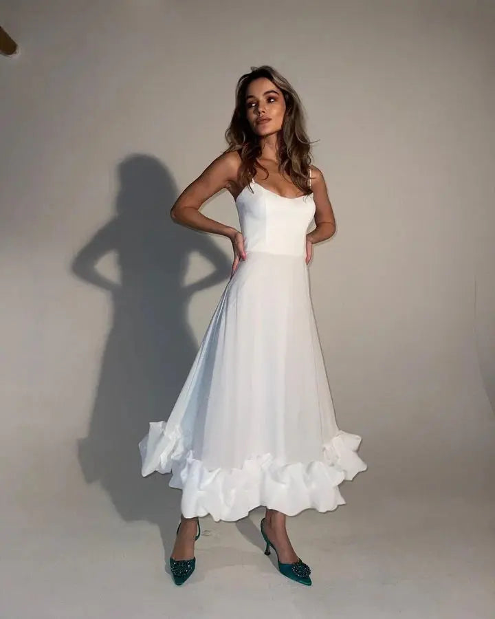 Hepburn Style New Casual Women's Fashion Elegant Long Dress 23 Summer Fashion Strap Square Neck Large Hemline Solid Color Dress - Loja Mireva
