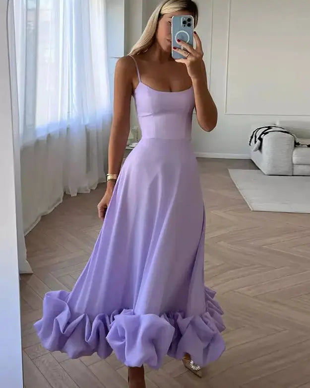 Hepburn Style New Casual Women's Fashion Elegant Long Dress 23 Summer Fashion Strap Square Neck Large Hemline Solid Color Dress - Loja Mireva