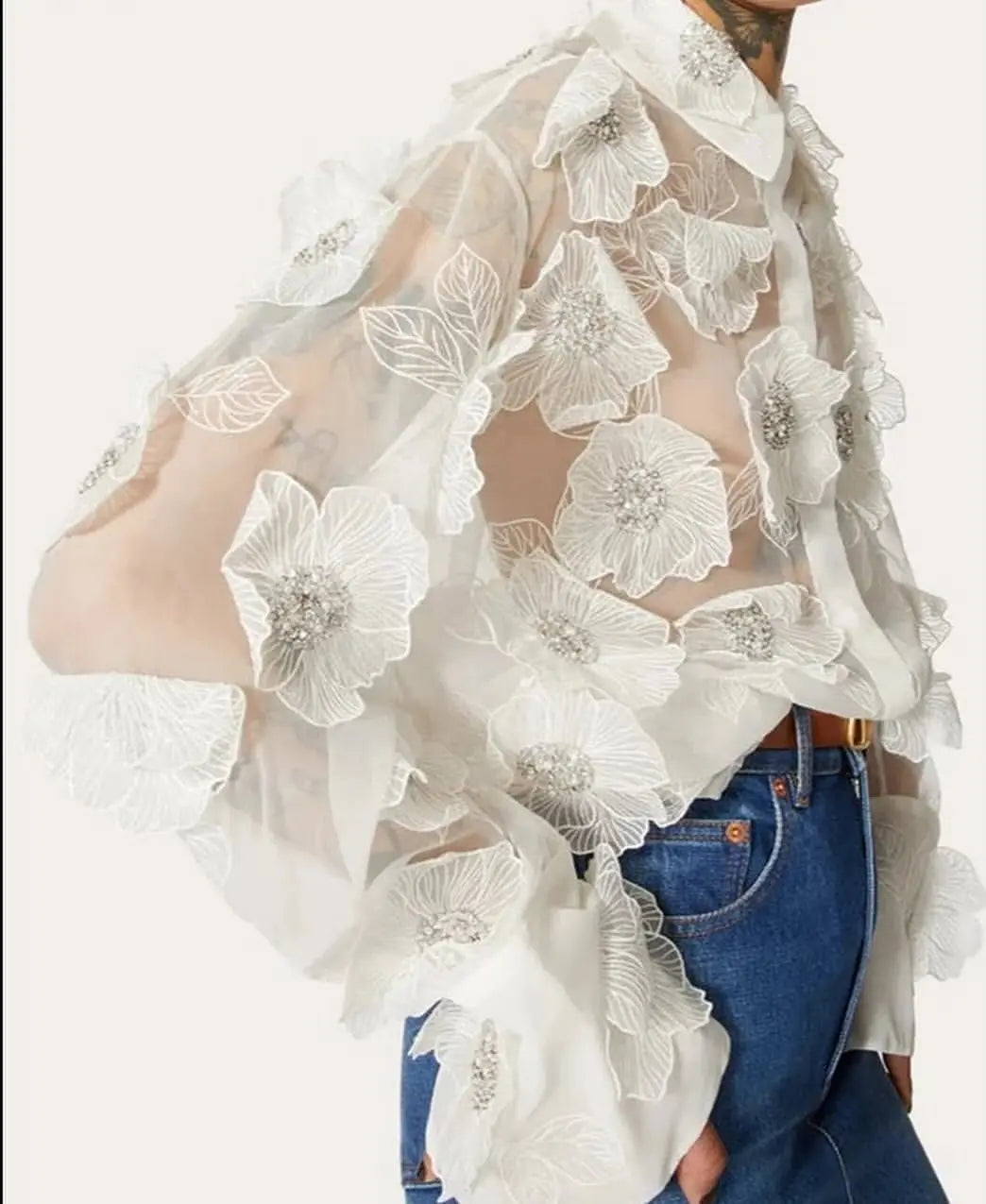 TWOTWINSTYLE Elegant Spliced Appliques Shirt For Women Lapel Long Sleeve Patchwork Single Breasted Vintage Blouse Female Clothes - Loja Mireva