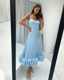 Hepburn Style New Casual Women's Fashion Elegant Long Dress 23 Summer Fashion Strap Square Neck Large Hemline Solid Color Dress - Loja Mireva