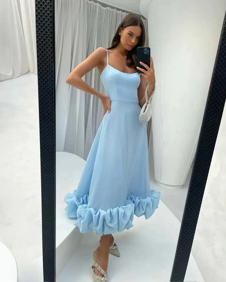 Hepburn Style New Casual Women's Fashion Elegant Long Dress 23 Summer Fashion Strap Square Neck Large Hemline Solid Color Dress - Loja Mireva