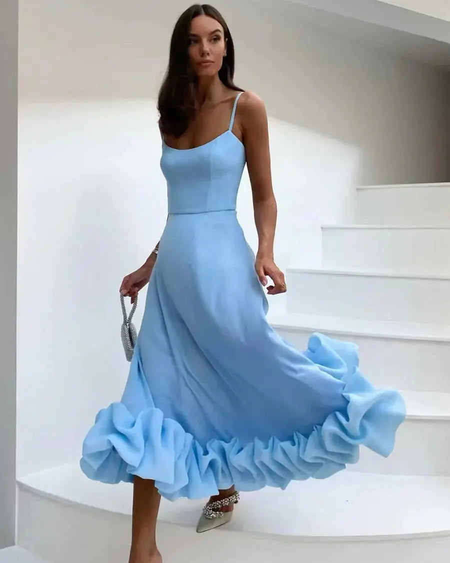 Hepburn Style New Casual Women's Fashion Elegant Long Dress 23 Summer Fashion Strap Square Neck Large Hemline Solid Color Dress - Loja Mireva