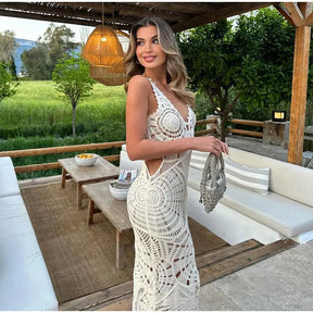 Women Elegant Solid Hollow Out Knitted Maxi Dress Slim Fit V-necked Sleeveless Vestidos 2023 Fashion Female Beachwear Sundress - Loja Mireva
