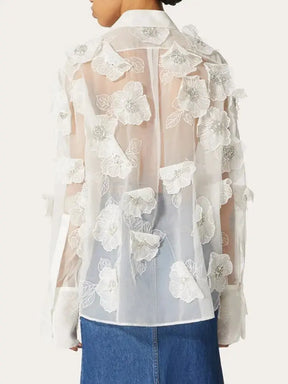 TWOTWINSTYLE Elegant Spliced Appliques Shirt For Women Lapel Long Sleeve Patchwork Single Breasted Vintage Blouse Female Clothes - Loja Mireva