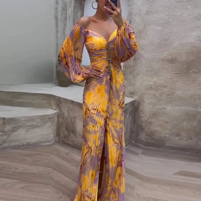 Sexy Off Shoulder V Neck Pleated Dress Elegant Print Long Sleeve Temperament Party Dress New Female High Waist Split Long Dress - Loja Mireva
