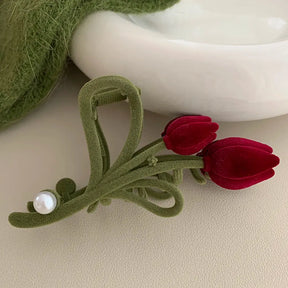 Retro Velvet Burgundy Tulip Pearl Hair Claws For Women Fashion Large  Crab Hair Clip Hair Accessories Headwear - Loja Mireva
