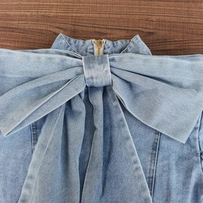Big Bow Patchwork Denim Women's Jacket Stand Collar Long Sleeve Vintage Ruched Blouse Shirt for Female Autum Fashion Clothing - Loja Mireva