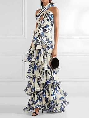 Elegant Vintage Printed Ruffle Maxi Dress Women Fashion Sleeveless Cross Halter Slim Robes 2023 Beach Wedding Party Vestidos - Loja Mireva