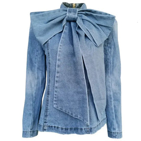 Big Bow Patchwork Denim Women's Jacket Stand Collar Long Sleeve Vintage Ruched Blouse Shirt for Female Autum Fashion Clothing - Loja Mireva