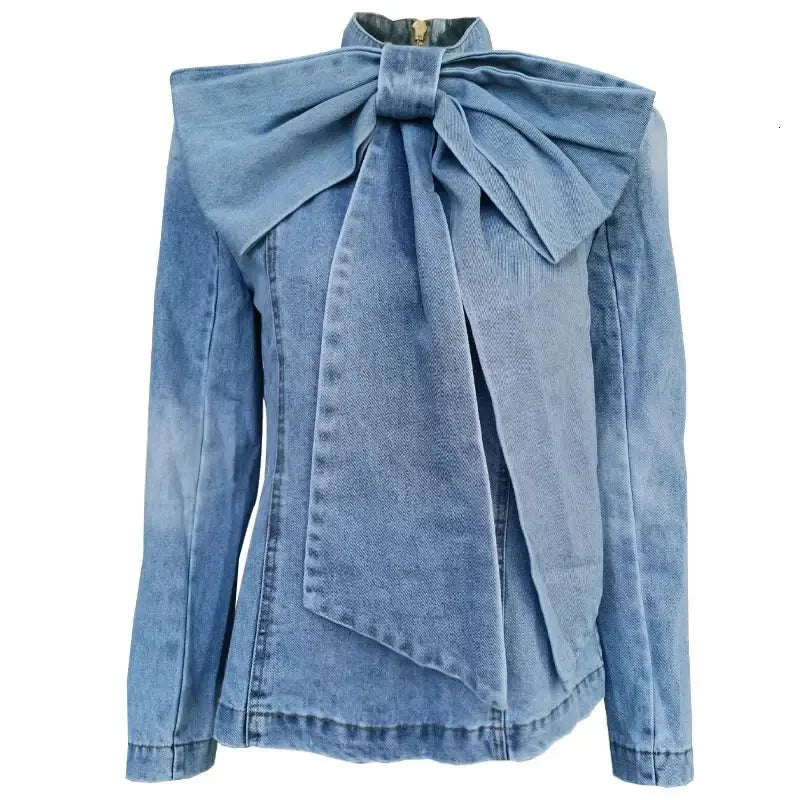 Big Bow Patchwork Denim Women's Jacket Stand Collar Long Sleeve Vintage Ruched Blouse Shirt for Female Autum Fashion Clothing - Loja Mireva