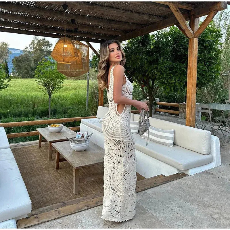 Women Elegant Solid Hollow Out Knitted Maxi Dress Slim Fit V-necked Sleeveless Vestidos 2023 Fashion Female Beachwear Sundress - Loja Mireva
