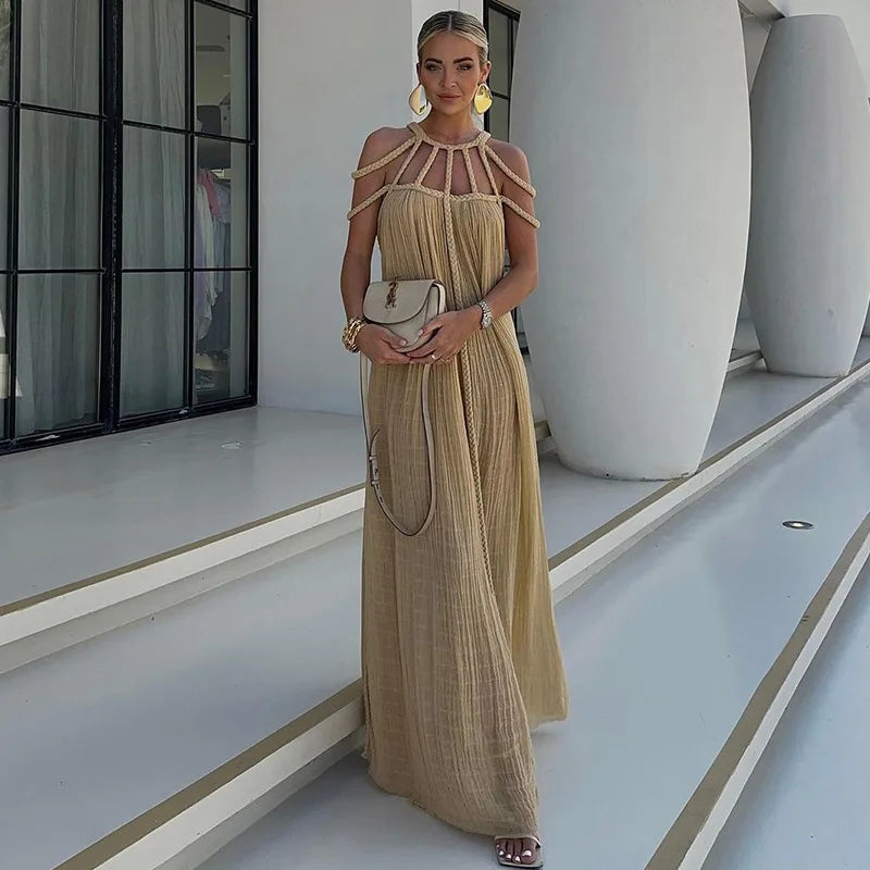 Sexy Women Lace Up Hollow Out Long Dress Fashion Sleeveless Perspective Maxi Dresses Elegant Autumn Winter Evening Party Robes - Loja Mireva
