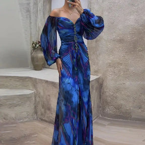 Sexy Off Shoulder V Neck Pleated Dress Elegant Print Long Sleeve Temperament Party Dress New Female High Waist Split Long Dress - Loja Mireva