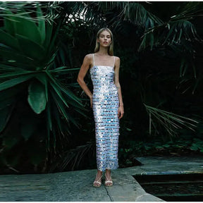 Solid Sequin Sexy Elegant Slim Dress For Women Fashion Sleeveless Backless Spaghetti Strap Party Dresses Chic Club Evening Robes - Loja Mireva