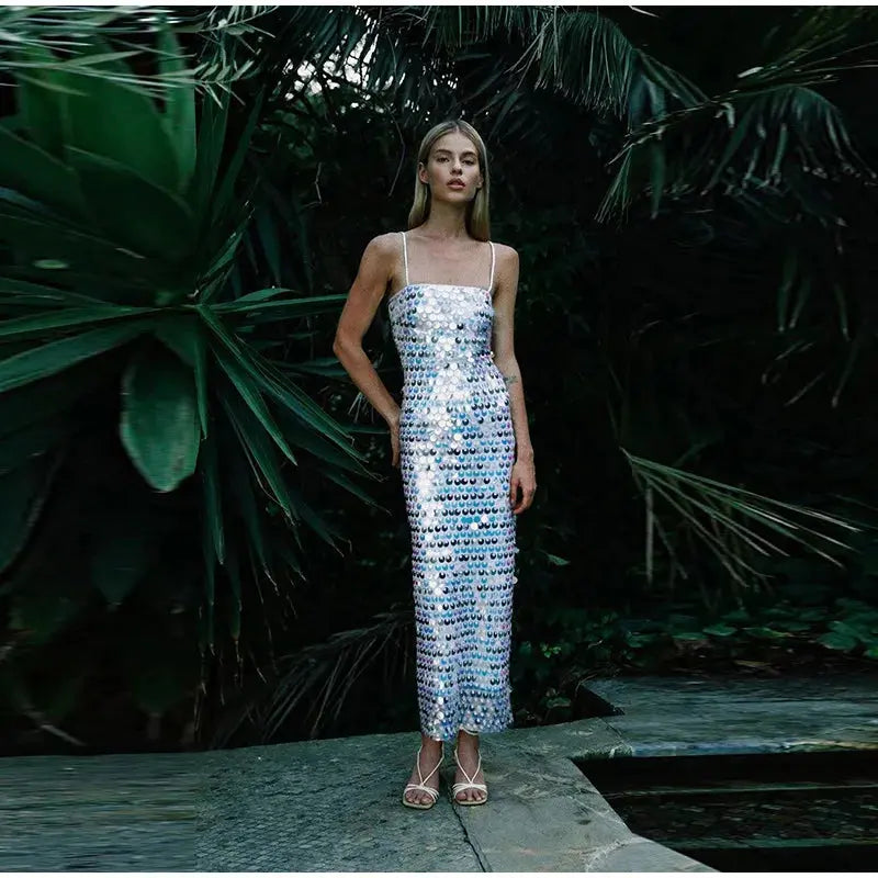 Solid Sequin Sexy Elegant Slim Dress For Women Fashion Sleeveless Backless Spaghetti Strap Party Dresses Chic Club Evening Robes - Loja Mireva