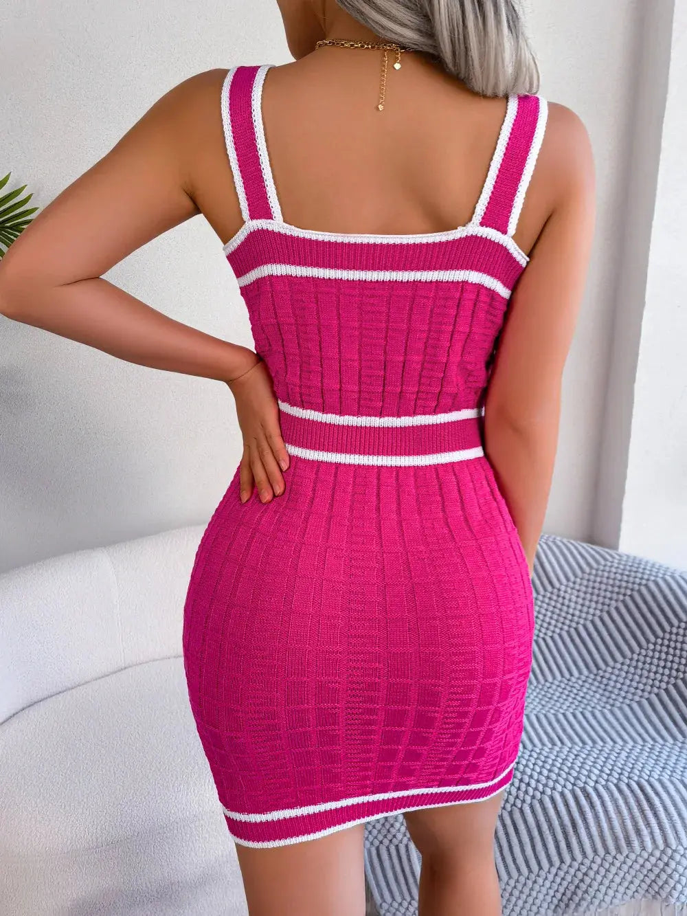 Women Striped Knitted Sweater Dress Autumn Strap Metal Button Wrap Bodycon Party Knitwear Dresses BJS-3020 - Loja Mireva