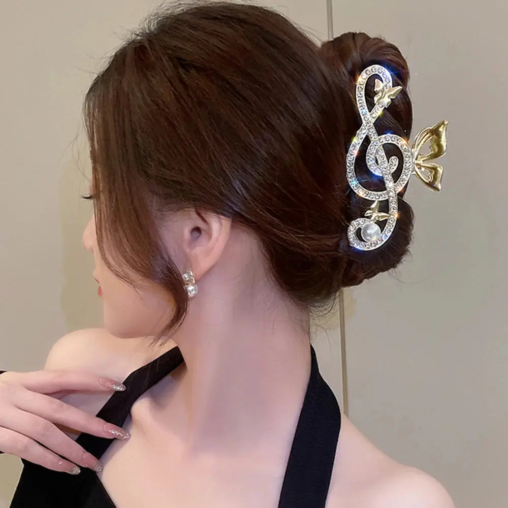 10.5cm Note Hairpin For Women Shiny Color Ponytail Hair Claw Hair Clips Ladies Pearl Rhinestone Butterfly Hair Accessories - Loja Mireva