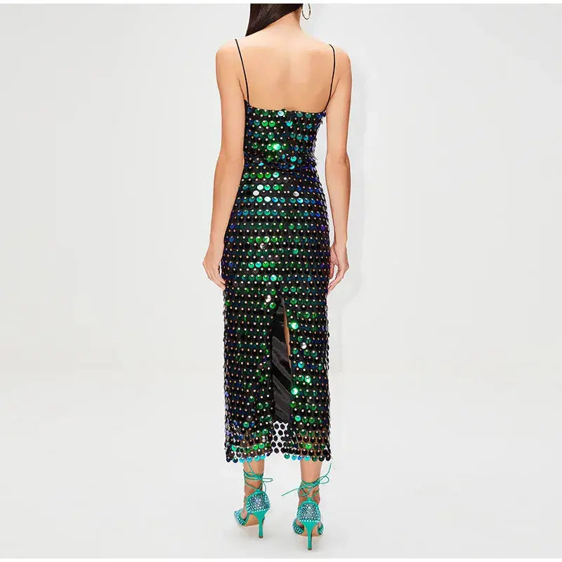 Solid Sequin Sexy Elegant Slim Dress For Women Fashion Sleeveless Backless Spaghetti Strap Party Dresses Chic Club Evening Robes - Loja Mireva