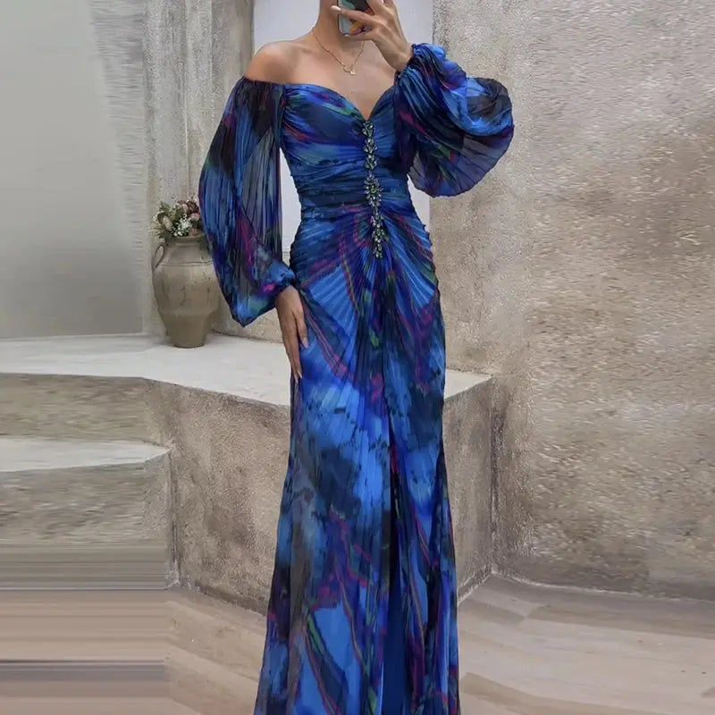 Sexy Off Shoulder V Neck Pleated Dress Elegant Print Long Sleeve Temperament Party Dress New Female High Waist Split Long Dress - Loja Mireva