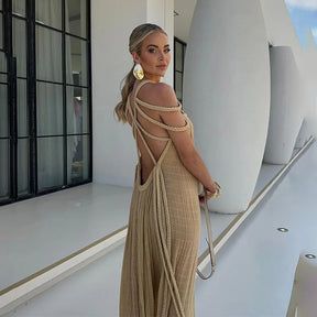 Sexy Women Lace Up Hollow Out Long Dress Fashion Sleeveless Perspective Maxi Dresses Elegant Autumn Winter Evening Party Robes - Loja Mireva