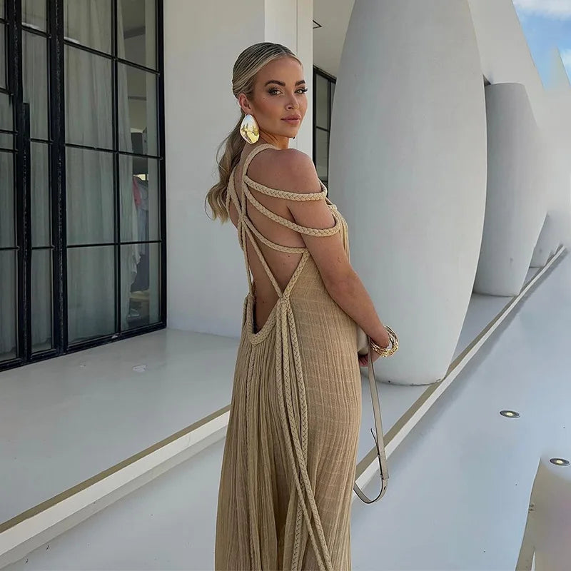 Sexy Women Lace Up Hollow Out Long Dress Fashion Sleeveless Perspective Maxi Dresses Elegant Autumn Winter Evening Party Robes - Loja Mireva