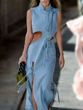 Women's Denim Mandarin Dress Sleeveless Cut Out Stand Collar Buckle Lace-up Straight Dress Elegant Casual Vintage Long Dress - Loja Mireva