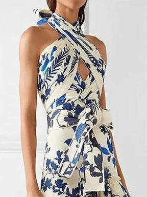 Elegant Vintage Printed Ruffle Maxi Dress Women Fashion Sleeveless Cross Halter Slim Robes 2023 Beach Wedding Party Vestidos - Loja Mireva