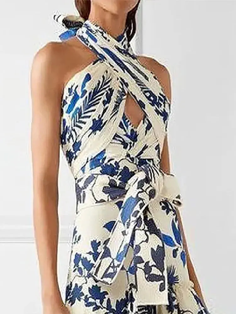 Elegant Vintage Printed Ruffle Maxi Dress Women Fashion Sleeveless Cross Halter Slim Robes 2023 Beach Wedding Party Vestidos - Loja Mireva