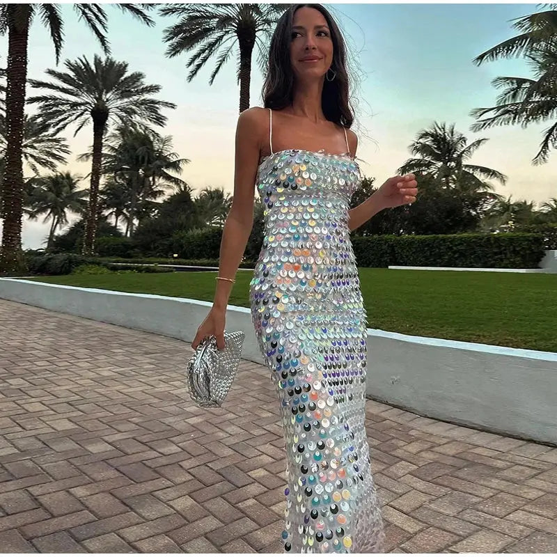 Solid Sequin Sexy Elegant Slim Dress For Women Fashion Sleeveless Backless Spaghetti Strap Party Dresses Chic Club Evening Robes - Loja Mireva