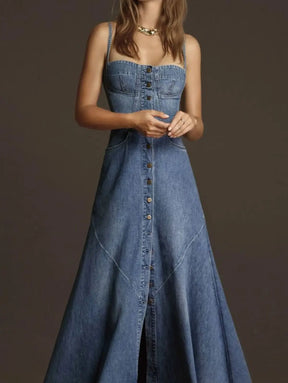 Fashion Women Denim Tank Dress Vintage Square Collar Waisted Sundress 2023 Summer Buttons Maxi Dress Holiday Solid Robes - Loja Mireva