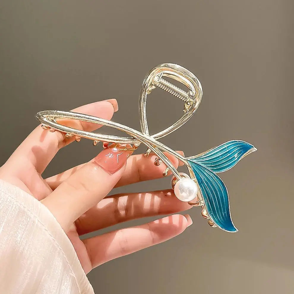 Whale Tail Hair Claw Pearl Shark Clip Headdress Vintage Ponytail Claws Trendy Hair Clip For Girl Cute Hair Accessories - Loja Mireva