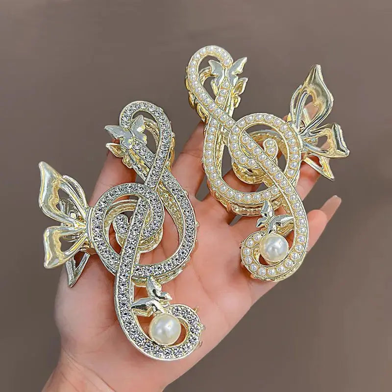 10.5cm Note Hairpin For Women Shiny Color Ponytail Hair Claw Hair Clips Ladies Pearl Rhinestone Butterfly Hair Accessories - Loja Mireva
