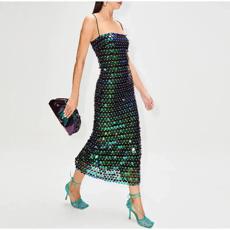 Solid Sequin Sexy Elegant Slim Dress For Women Fashion Sleeveless Backless Spaghetti Strap Party Dresses Chic Club Evening Robes - Loja Mireva