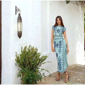 Cotton Linen Print Crop Top Skirts Sets Women Elegant Slim O-neck High Waist Split Skirt Female Suit 2024 Sping Summer Lady Set - Loja Mireva
