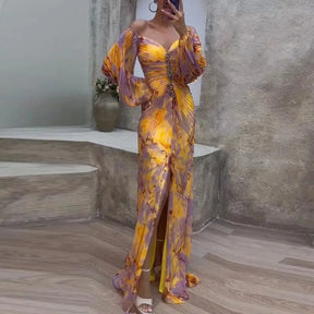 Sexy Off Shoulder V Neck Pleated Dress Elegant Print Long Sleeve Temperament Party Dress New Female High Waist Split Long Dress - Loja Mireva