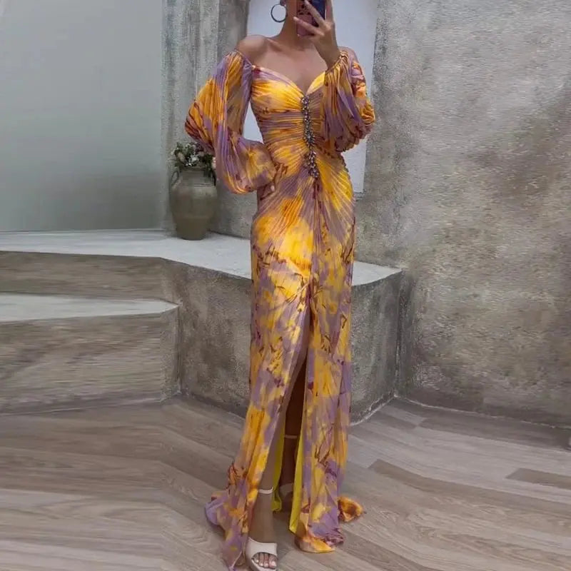 Sexy Off Shoulder V Neck Pleated Dress Elegant Print Long Sleeve Temperament Party Dress New Female High Waist Split Long Dress - Loja Mireva
