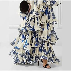 Elegant Vintage Printed Ruffle Maxi Dress Women Fashion Sleeveless Cross Halter Slim Robes 2023 Beach Wedding Party Vestidos - Loja Mireva