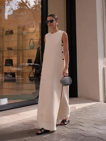 Women Sleeveless Button Split Midi Dress Elegant Round Neck Off Shoulder Vestidos Female Loose Fashion High Street Robes - Loja Mireva