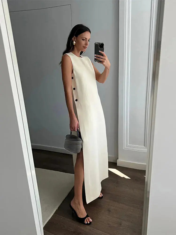 Women Sleeveless Button Split Midi Dress Elegant Round Neck Off Shoulder Vestidos Female Loose Fashion High Street Robes - Loja Mireva