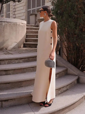 Women Sleeveless Button Split Midi Dress Elegant Round Neck Off Shoulder Vestidos Female Loose Fashion High Street Robes - Loja Mireva