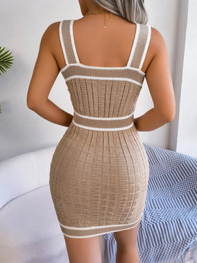 Women Striped Knitted Sweater Dress Autumn Strap Metal Button Wrap Bodycon Party Knitwear Dresses BJS-3020 - Loja Mireva