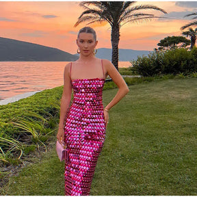 Solid Sequin Sexy Elegant Slim Dress For Women Fashion Sleeveless Backless Spaghetti Strap Party Dresses Chic Club Evening Robes - Loja Mireva