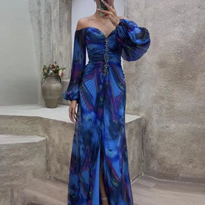 Sexy Off Shoulder V Neck Pleated Dress Elegant Print Long Sleeve Temperament Party Dress New Female High Waist Split Long Dress - Loja Mireva